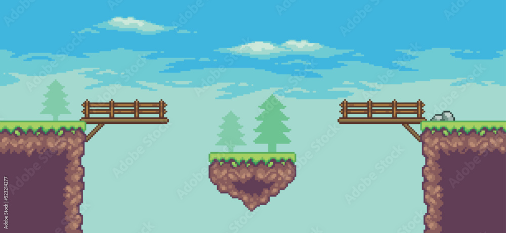Aufkleber pixel art arcade game scene with floating platform, bridge, trees, clouds 8bit background