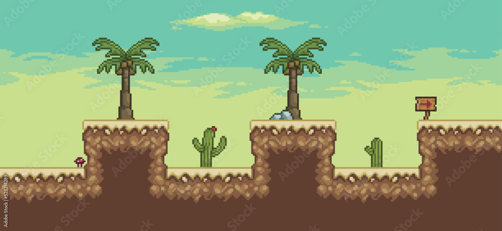 Poster pixel art desert game scene with palm tree, cactuses 8bit landscape background