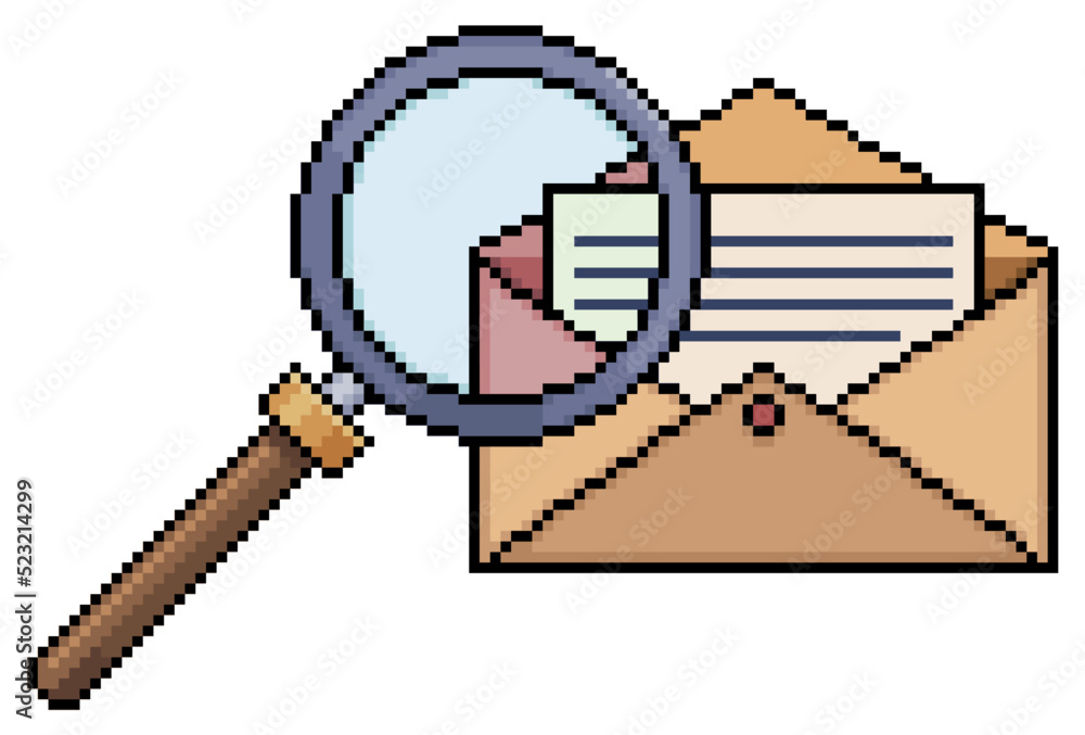 Poster pixel art letter and magnifying glass. document analysis vector icon for 8bit game on white backgrou