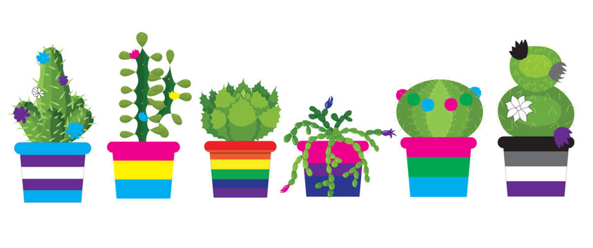 A set of cacti in pots painted in the colors of the flags of the LGBT community. Vector stock illustration isolated on white background.
