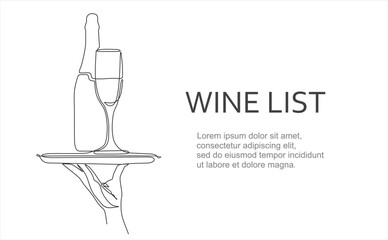 Wine list. Continuous line one drawing of hand holding dish with bottle and a glass drawn from the hand a picture of the silhouette. Line art. a bottle of champagne with a wine glass