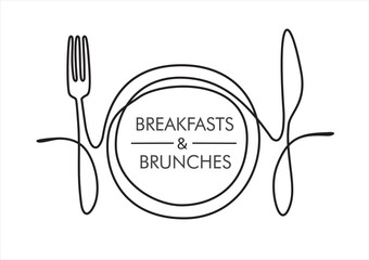 Continuous one line art or One Line Drawing of plate, knife and fork. Restaurant concept hand draw line art design vector illustration for cafe, shop or food delivery service