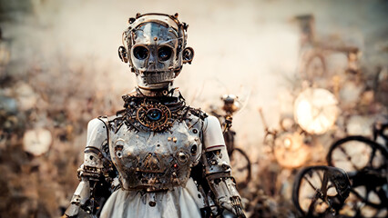 Scary robot woman android. Old metal, mechanisms, gears