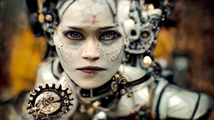 Fototapeta na wymiar Scary robot woman android. Old metal, mechanisms, gears