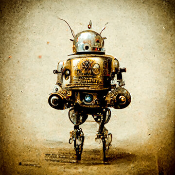 Scary Robot Woman Android. Old Metal, Mechanisms, Gears