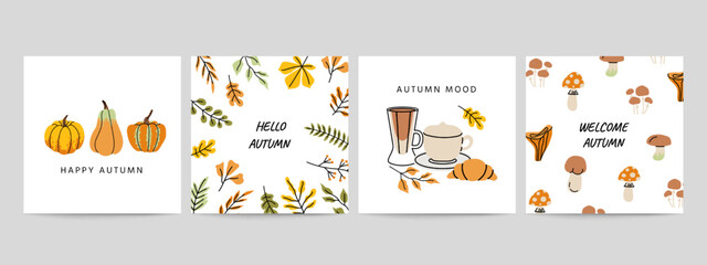 Autumn doodle posters. Greeting card and invitation for Thanksgiving day party mockup, minimalistic rural cozy symbols, fall vibes. Vector banners set