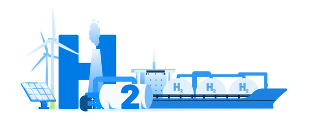 Hydrogen transportation ship vector illustration concept. Alternative energy source. Wind turbine, ship, fuel tank and big text H2. Template for website banner, advertising campaign or news article.