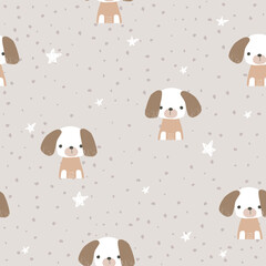 Cute little puppies seamless pattern. Kids cartoon print. Vector hand drawn illustration.