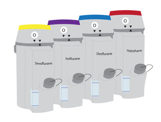 Inhlaed anesthetic vaporizer for each drug. Sevoflurane, Isoflurane, desflurane and Halothane. Universal vaporizer for use in general anesthesia  - obrazy, fototapety, plakaty
