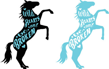 Hand written wild hearts cant be broken text. Vector lettering on horse and vector horse silhouette cutout. Jumping horse with calligraphy phrase. Isolated illustration for print and poster. EPS 10