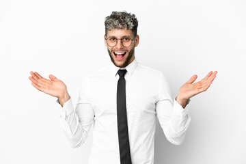 Business caucasian man isolated on white background with shocked facial expression