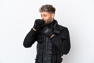 SWAT caucasian man isolated on white background is suffering with cough and feeling bad