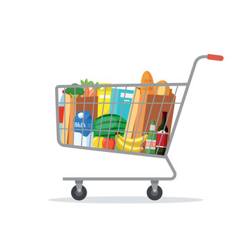 Full shopping cart isolated on white background. Fresh grocery products. Vector stock