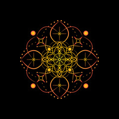 Gradient mandala on a black background. Vector boho mandala in yellow and red colors. Mandala with floral patterns. Yoga template