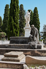 Fototapeta premium Partial view of the Sitges cemetery with richly ornamented pantheons and niches in the background, as well as some very leafy trees under the blue sky for All Souls' Day, All Saints' Day and Halloween