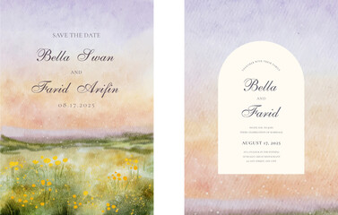 Wedding Invitation set with watercolor green meadow with violet sky