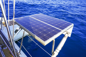 Solar panel on sailing yacht in the sea. Monocrystalline and Polycrystalline Solar Panels in...