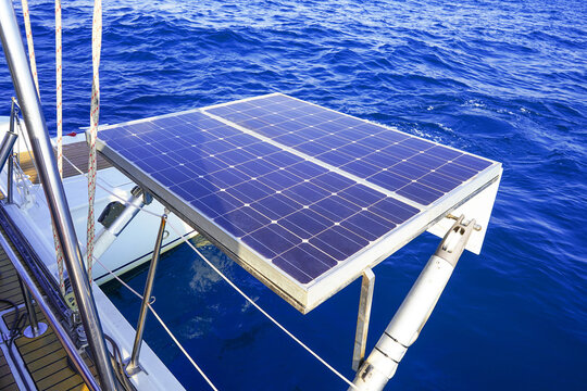 Solar panel on sailing yacht in the sea. Monocrystalline and Polycrystalline Solar Panels in yachting. Solar panel, photovoltaic, alternative electricity source on boat