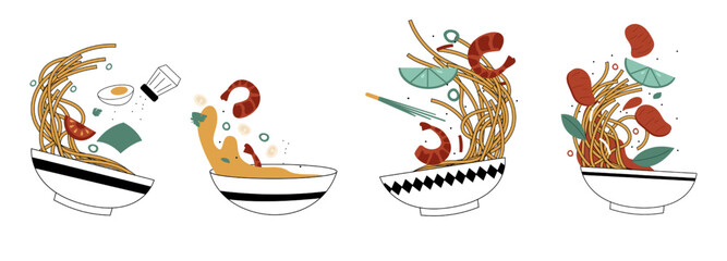 Asian food bowls. Doodle falling noodles sea food slices and sauces in bawls, Chinese Japanese and Korean traditional cuisine. Vector illustration for restaurants