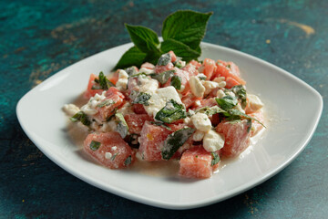 Watermelon salad with shepherd cheese and mint