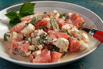 Watermelon salad with shepherd cheese and mint