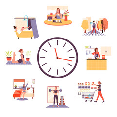 Woman routine on clock. Cartoon girl activities during daytime, female busy lifestyle schedule. Vector sleep work rest and hobby scenes illustration
