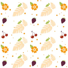 Foto auf Glas Seamless Autumn Fabric Pattern Design With Fruits And Flowers © Shahnaj