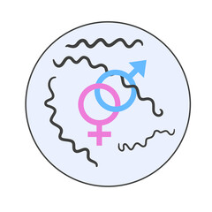 Treponema pallidum the pathogen of syphilis bacterias together with signs of male and female genders in the circle label.