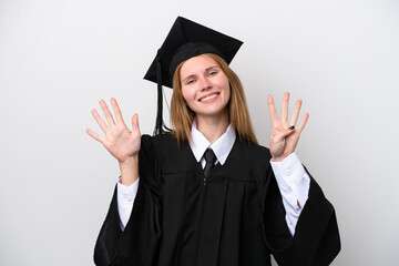 Young university graduate English woman isolated on white background counting nine with fingers