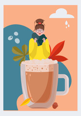 A beautiful girl in a scarf and glasses against the background of falling leaves of maple, oak, aspen. The concept of enjoying a cozy autumn. Autumn postcard. Vector illustration in flat style