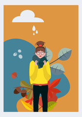 A beautiful girl in a scarf and glasses against the background of falling leaves of maple, oak, aspen. The concept of enjoying a cozy autumn. Autumn postcard. Vector illustration in flat style