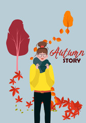 A beautiful girl in a scarf and glasses against the background of falling leaves of maple, oak, aspen. The concept of enjoying a cozy autumn. Autumn postcard. Vector illustration in flat style