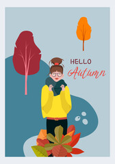 A beautiful girl in a scarf and glasses against the background of falling leaves of maple, oak, aspen. The concept of enjoying a cozy autumn. Autumn postcard. Vector illustration in flat style