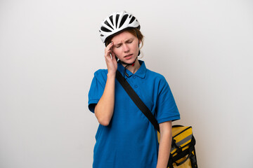 Young English woman with thermal backpack isolated on white background with headache