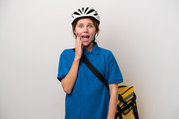 Young English woman with thermal backpack isolated on white background with surprise and shocked facial expression