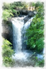 waterfall and forest landscape watercolor style illustration impressionist painting.