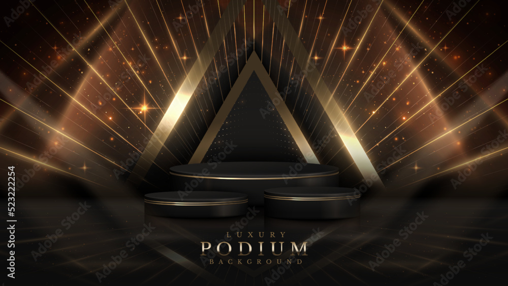 Canvas Prints black luxury background with product display podium and golden line elements and light rays decorati