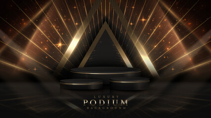 Black luxury background with product display podium and golden line elements and light rays decorations and stars effect. - obrazy, fototapety, plakaty