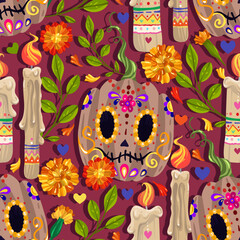 Die de los muertos. The day of the Dead, Mexican holiday, candles, pumpkins. Vector illustration, dark background, seamless pattern, handmade