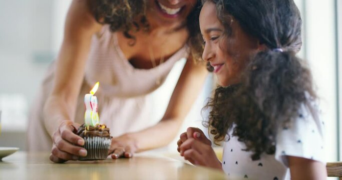 Birthday of a happy, smiling and excited young girl with her mother giving her a cupcake to party at home. Smiling daughter blowing out a candle and celebrating with her mom, family in her kitchen