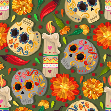 Vector illustration. Die de los muertos. The day of the Dead, Mexican holiday,hot red pepper, candles, skull, dark background, seamless pattern