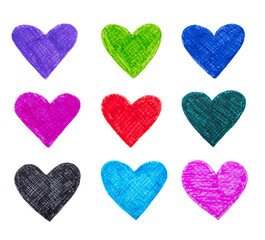 Set mix color of heart hand paint with paper texture isolated on white background. illustration basic paint color concept.