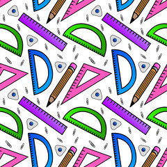 Vector seamless pattern with school supplies, rulers, eraser, pencils. A template with school attributes. Vector illustration.Ideal for children's posters, packaging, textiles, web design, postcards.