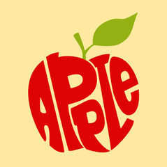 Red Apple Calligram. Typography Words Apple on Form Silhouette. Art Print. Vector illustration. 