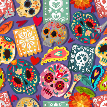 Vector illustration. Die de los muertos. The day of the Dead, Mexican holiday, festival, dark background, seamless pattern, handmade