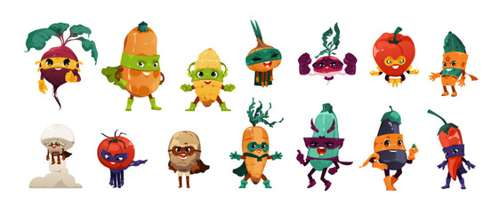 Superhero vegetables. Funny cartoon organic food in colorful hero costume, funny fresh superfood in masks and cape. Vector cute clipart set