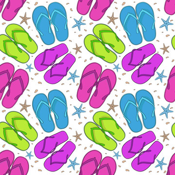 Vector seamless pattern with flip-flops and a starfish. Beach accessories for recreation. An idea for fashion illustrations, magazines, web design, packaging, wallpaper, textiles, postcards,marketing.