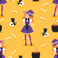Cute Witch and Halloween Black Cat Seamless Pattern