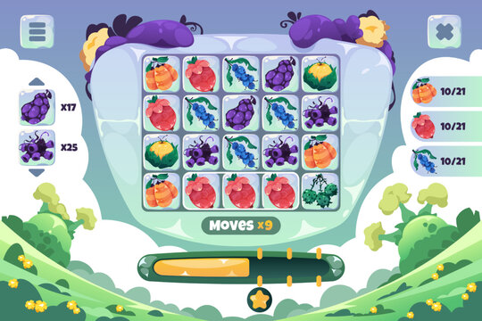 Match 3 game screen. Gameplay UI of cartoon fantasy fruits puzzle game, 2D interface layout mockup with colorful icons. Vector farmer mobile GUI