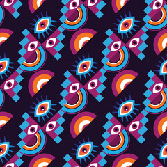 Awesome seamless pattern with esoteric eye different shapes, Magic, witchcraft, occult symbol, colorful line art. fabric, paper, textile. Vector Modern mythic graphic background illustration.
